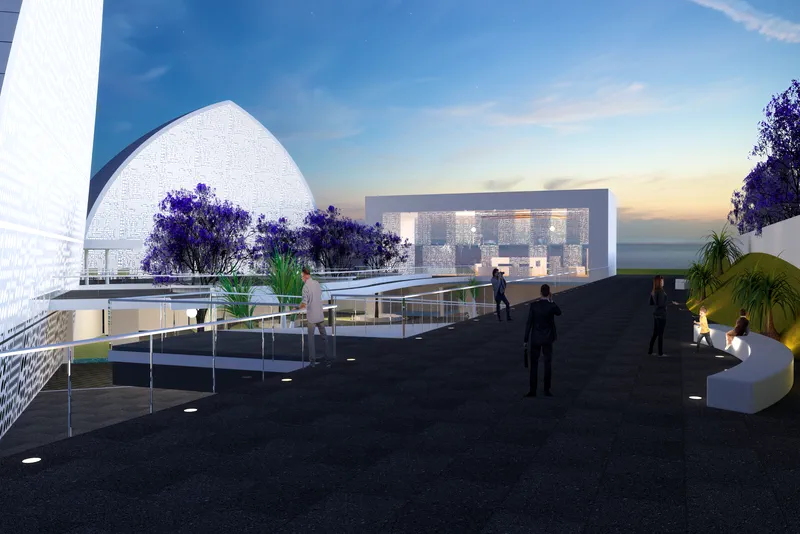 Render de trabajo de la pasarela y recorridos exteriores del Museo de la Evolución Tehuacán