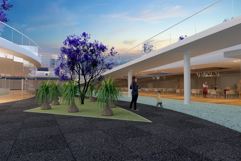 Render de trabajo del patio y áreas de circulación del Museo de la Evolución Tehuacán