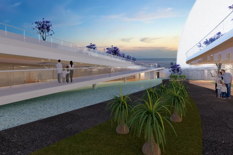 Render de trabajo del puente, espejo de agua y circulaciones del Museo de la Evolución Tehuacán